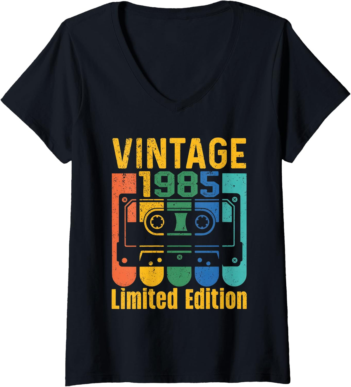 Women's Vintage 1985 Limited Edition Cassette Tape Classic Birthday V-Neck T-Shirt - Black