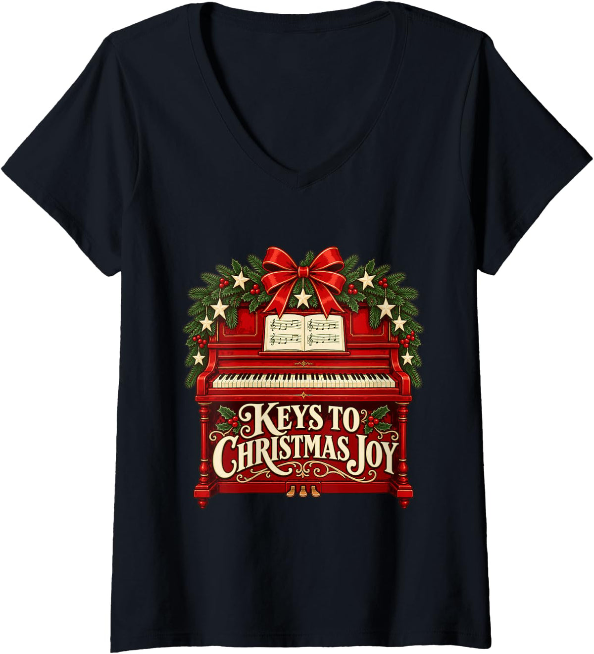 Women's Christmas Piano with Evergreen Garland and Music V-Neck T-Shirt - Black