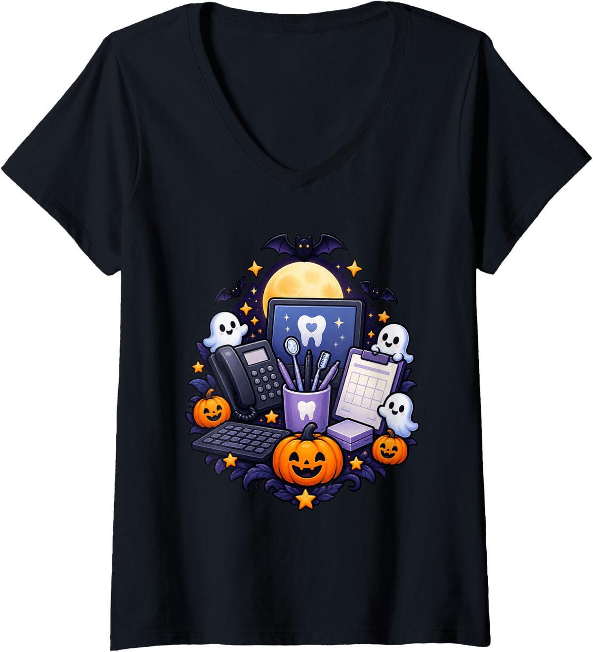 Women's Spooky Dental Office Halloween Dentist Staff V-Neck T-Shirt - Black
