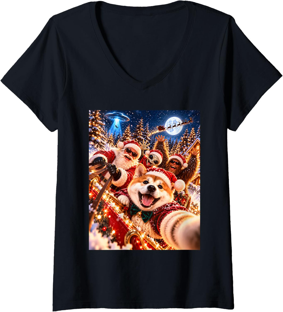 Women's Surprised Akita Santa Christmas Selfie UFO Graphic V-Neck T-Shirt - Black