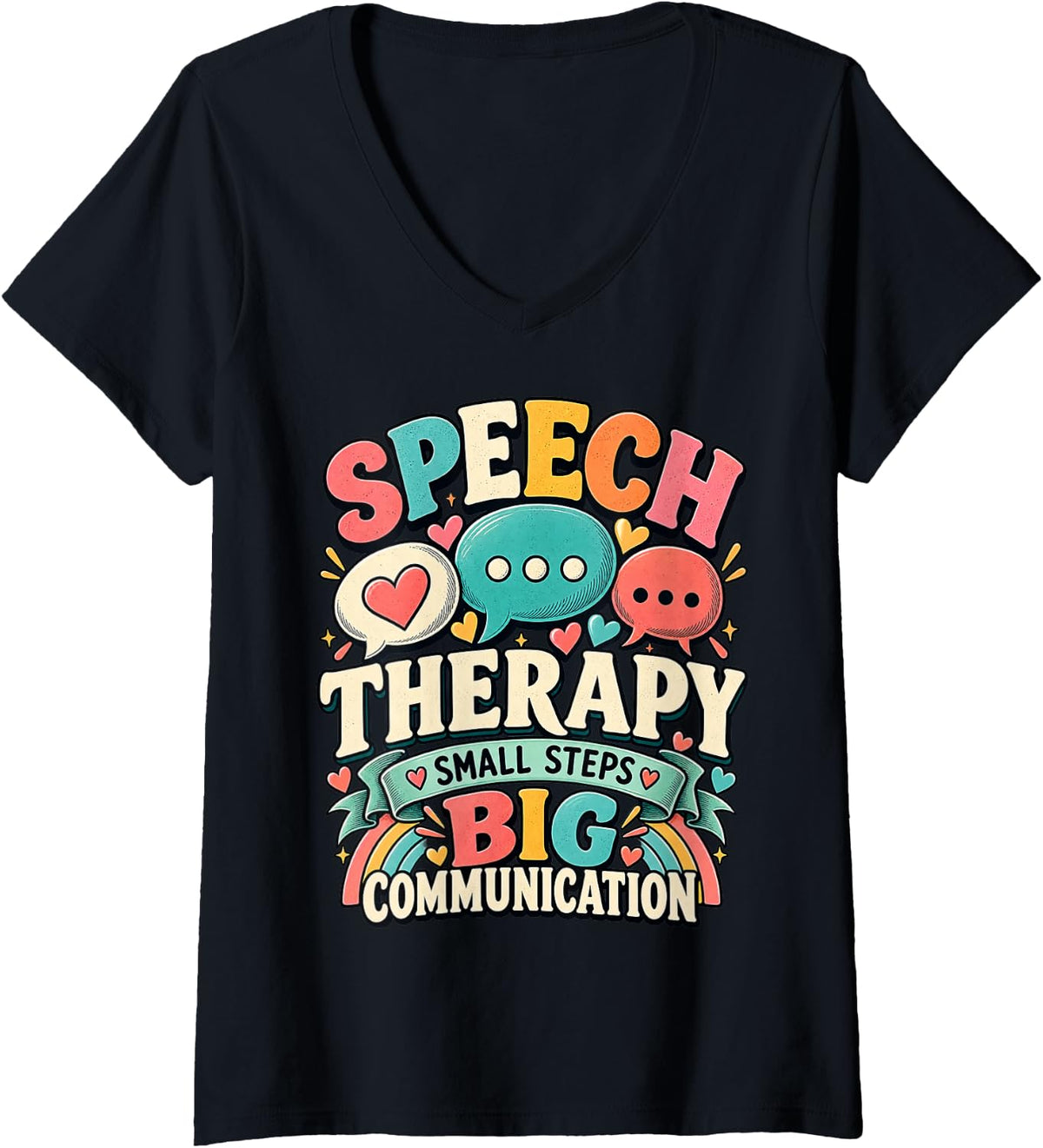 Women's Speech Therapy Small Step's Big Communication Retro Design V-Neck T-Shirt - Black