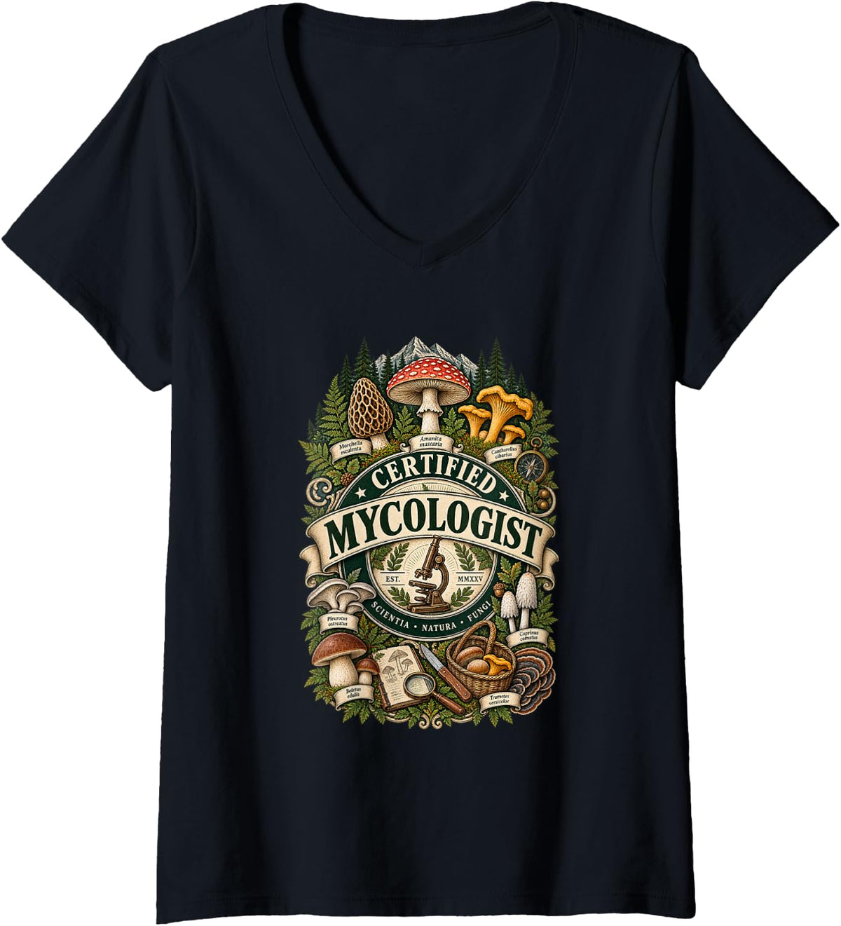 Women's Certified Mycologist Mushroom Chanterelle Mycology Shirt V-Neck T-Shirt - Black