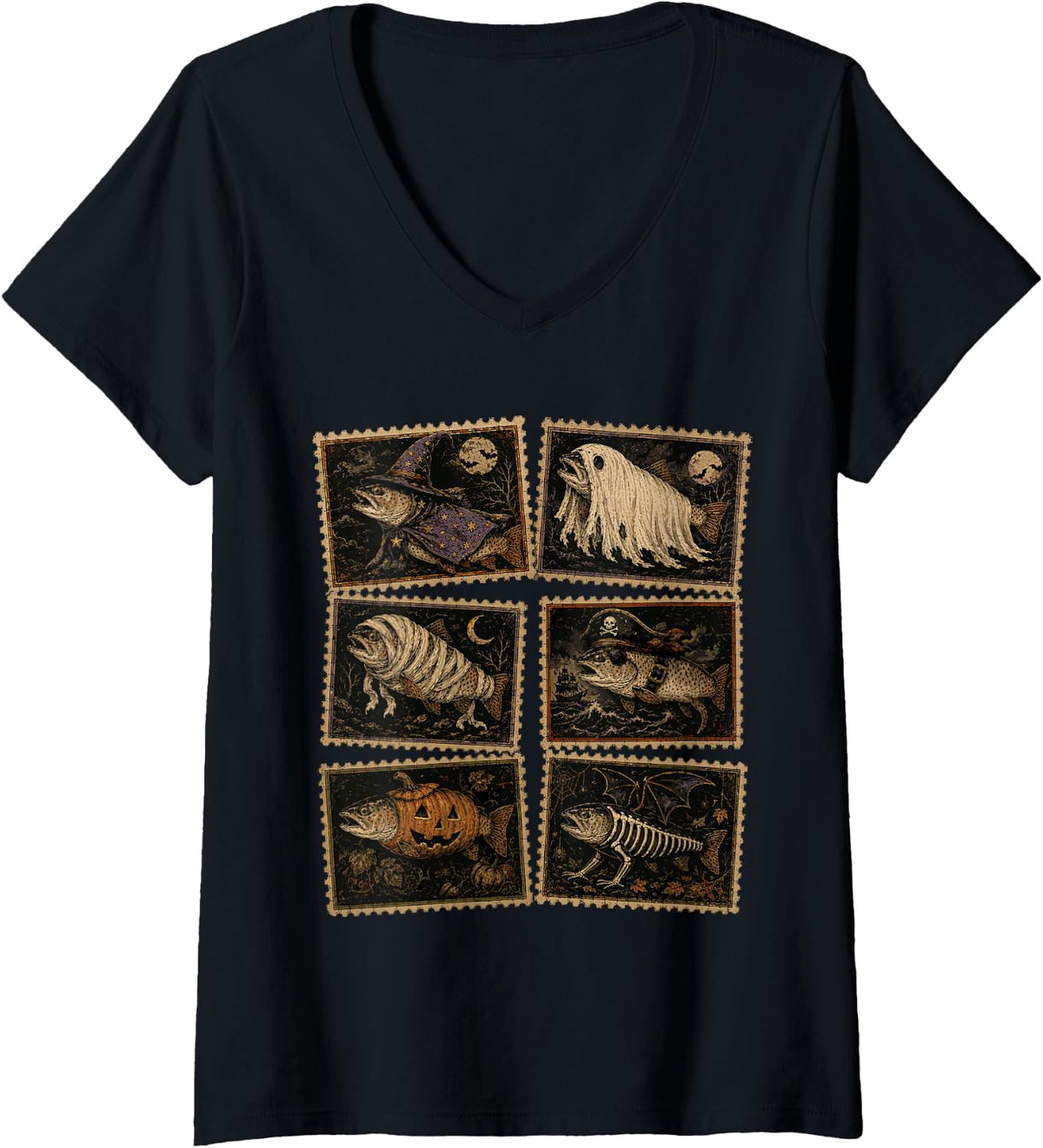 Women's Halloween Trout Fish Ghost Pumpkin Skeleton Spooky Fishing V-Neck T-Shirt - Black