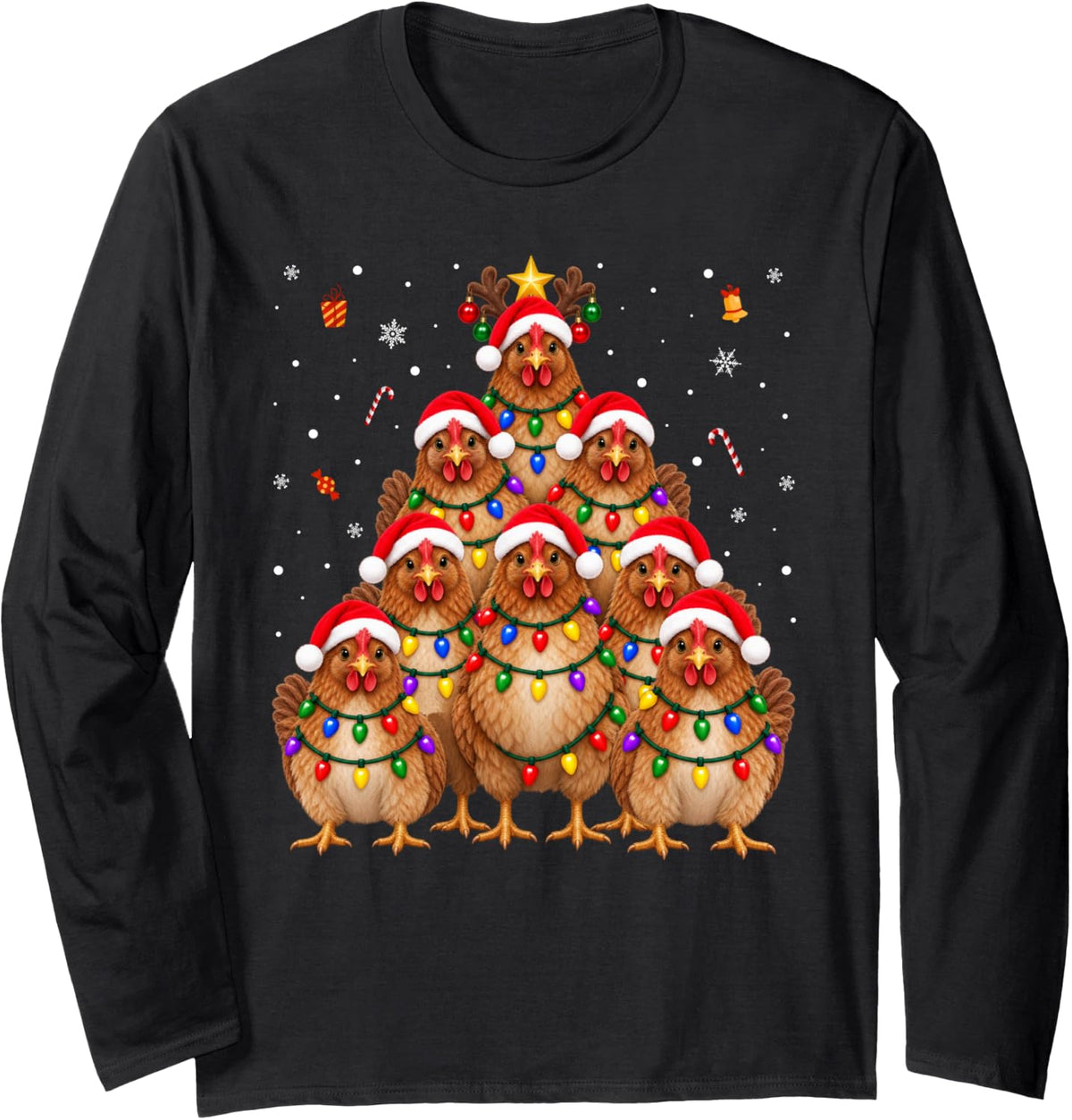 Chicken Christmas Tree Santa Hats Lights Xmas Long Sleeve T-Shirt - Adult Unisex Black