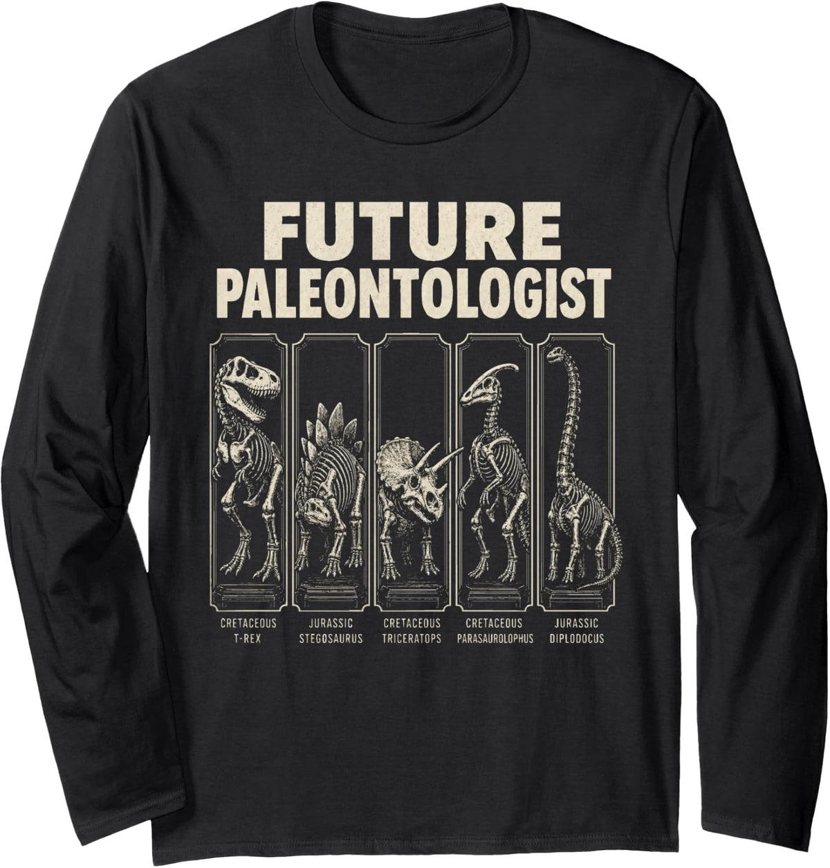 Dinosaur Future Paleontologist T Rex Skeleton Fossil Chart Long Sleeve T-Shirt - Adult Unisex Black
