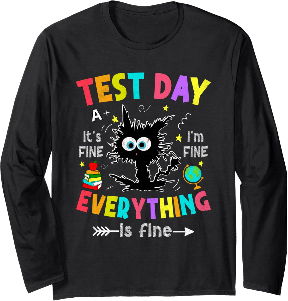 Test Day Funny Stressed Cat Teacher Student Kids Testing Day Long Sleeve T-Shirt - Adult Unisex Black
