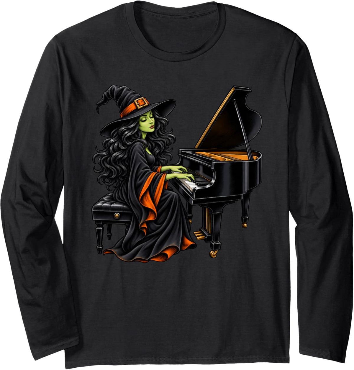 Witch Playing Piano Musician Music Halloween Long Sleeve T-Shirt - Adult Unisex Black