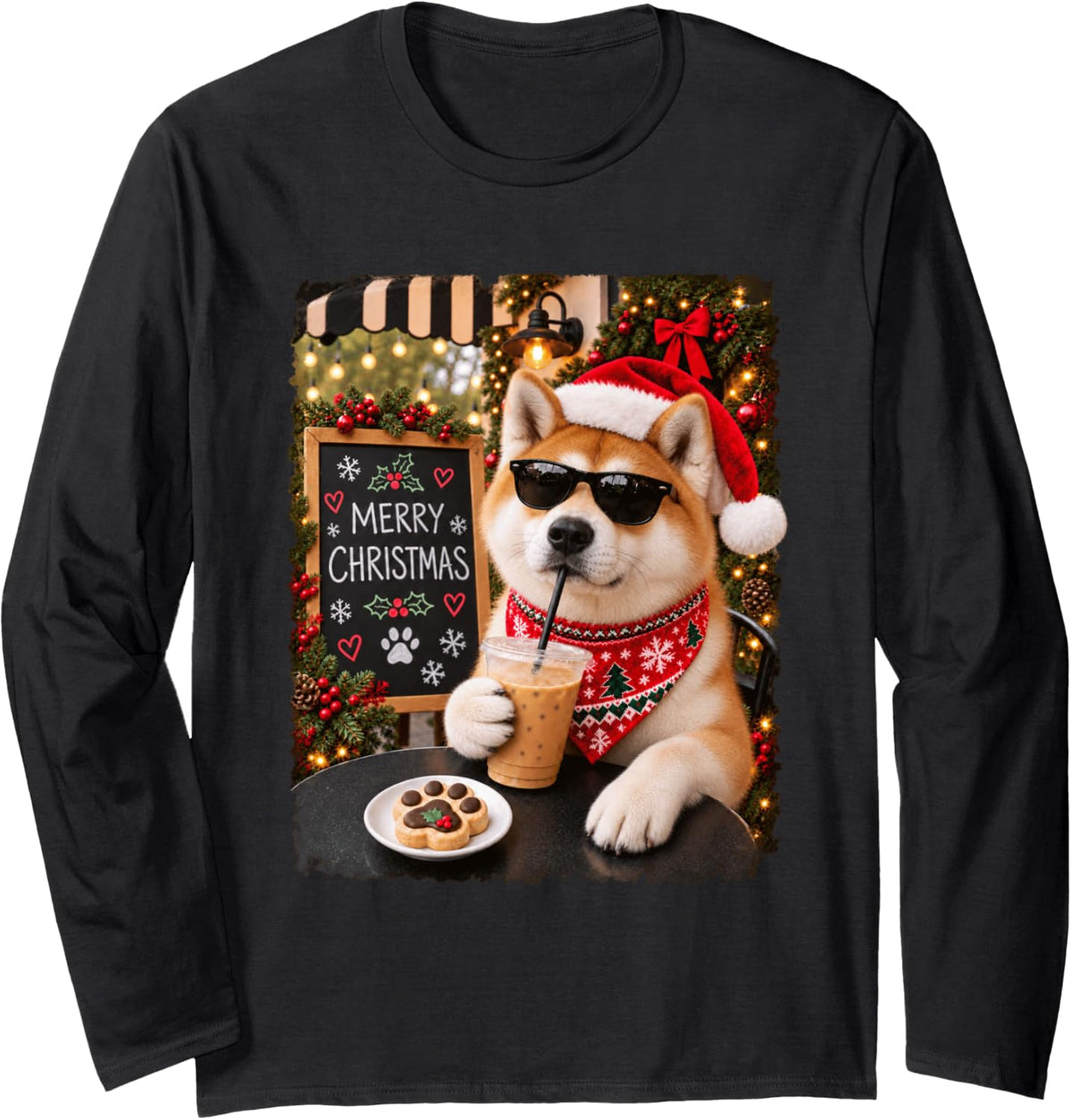 Merry Christmas Chill Akita Coffee Santa Hat Holiday Long Sleeve T-Shirt - Adult Unisex Black