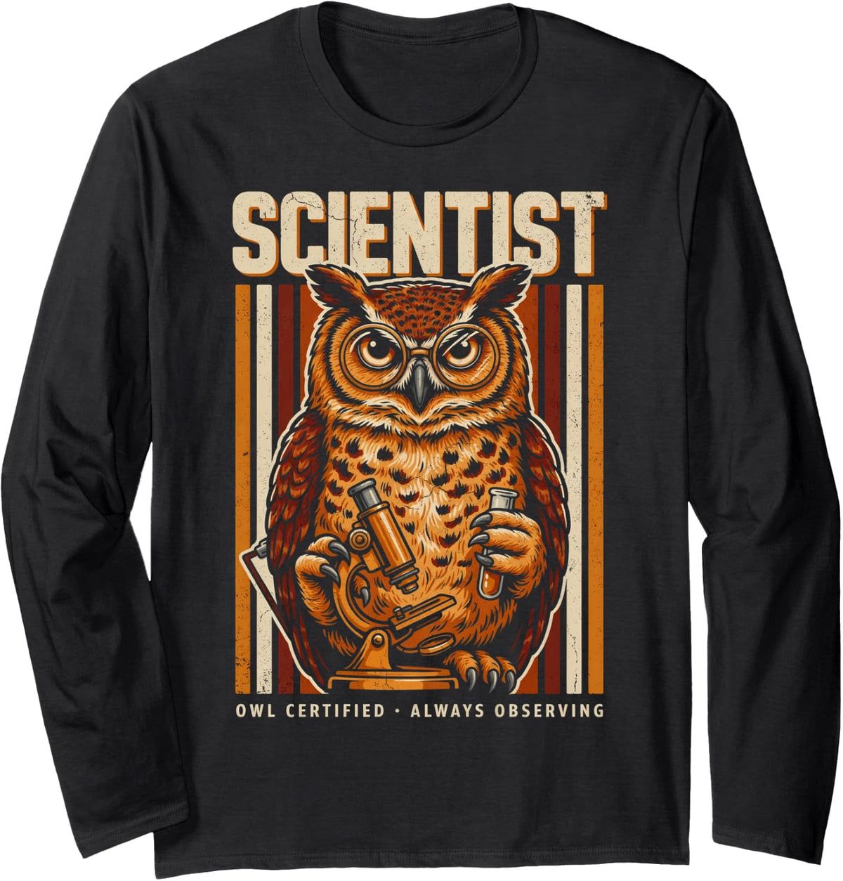 Scientist Owl Certified Always Observing Scholar Long Sleeve T-Shirt - Adult Unisex Black