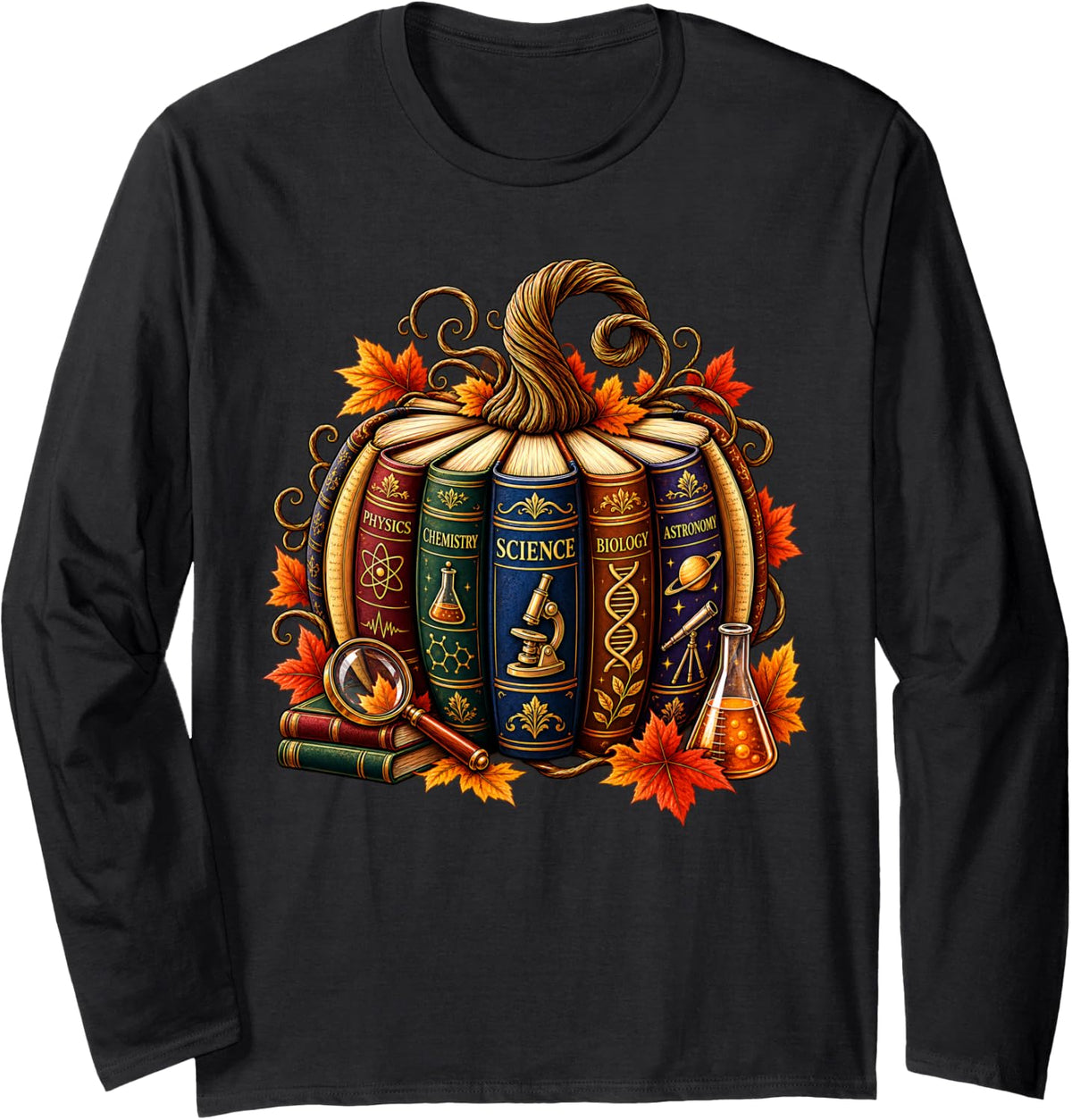 Science Lover Fall Reading Pumpkin Halloween Teacher Kids Long Sleeve T-Shirt - Adult Unisex Black