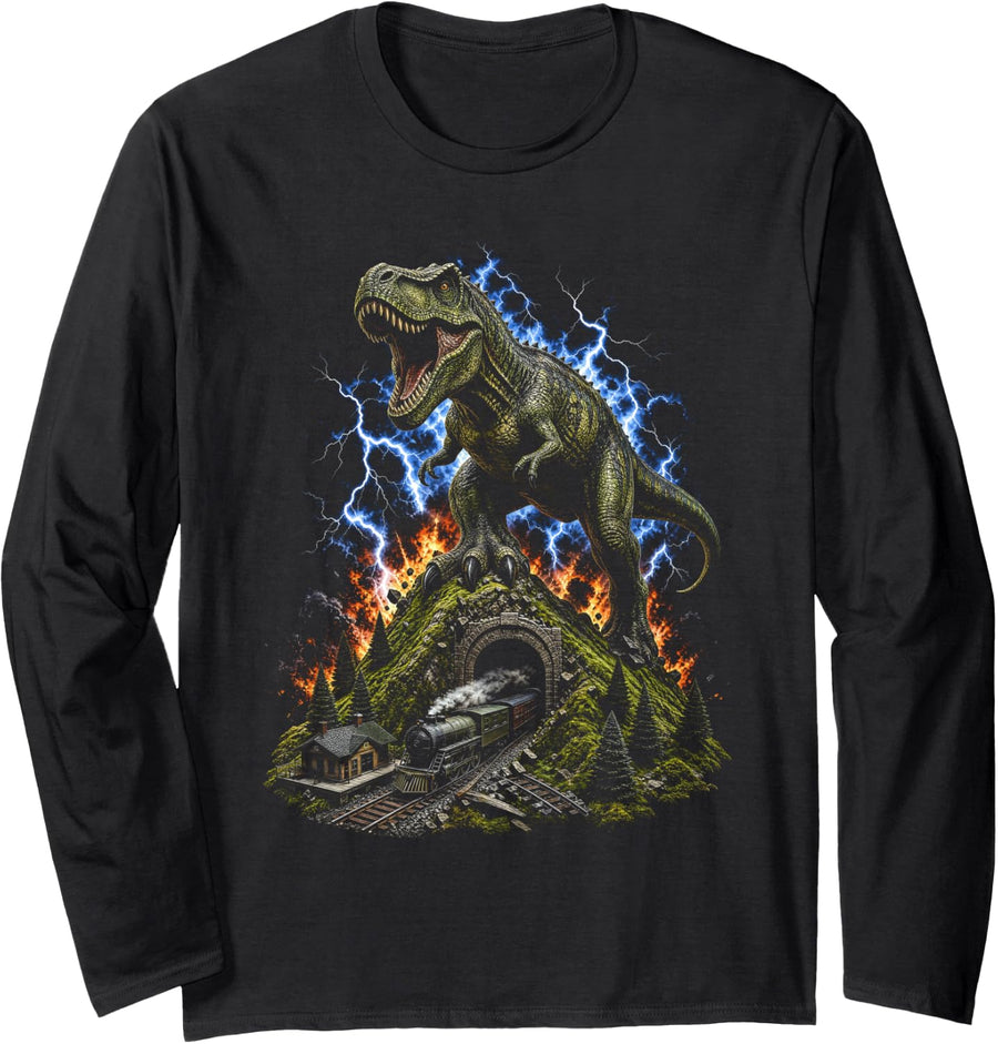 Dinosaur Attacking Model Train Layout Train Collector Long Sleeve T-Shirt - Adult Unisex Black