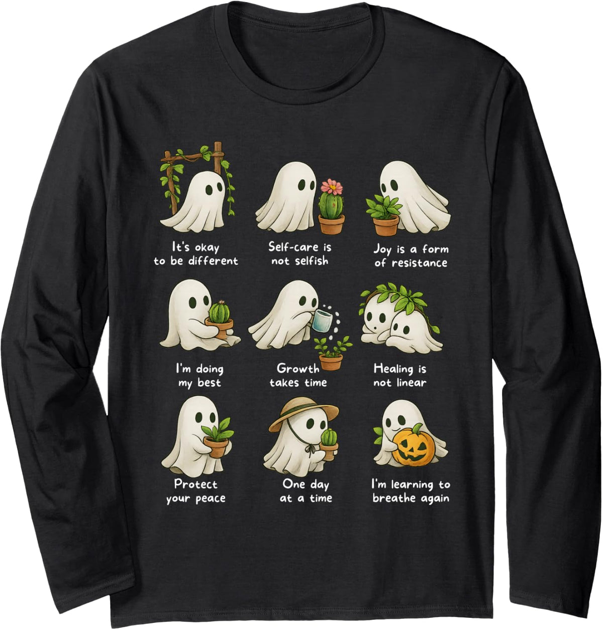 Mental Health Boo Ghost Planting Gardening Halloween Spooky Long Sleeve T-Shirt - Adult Unisex Black