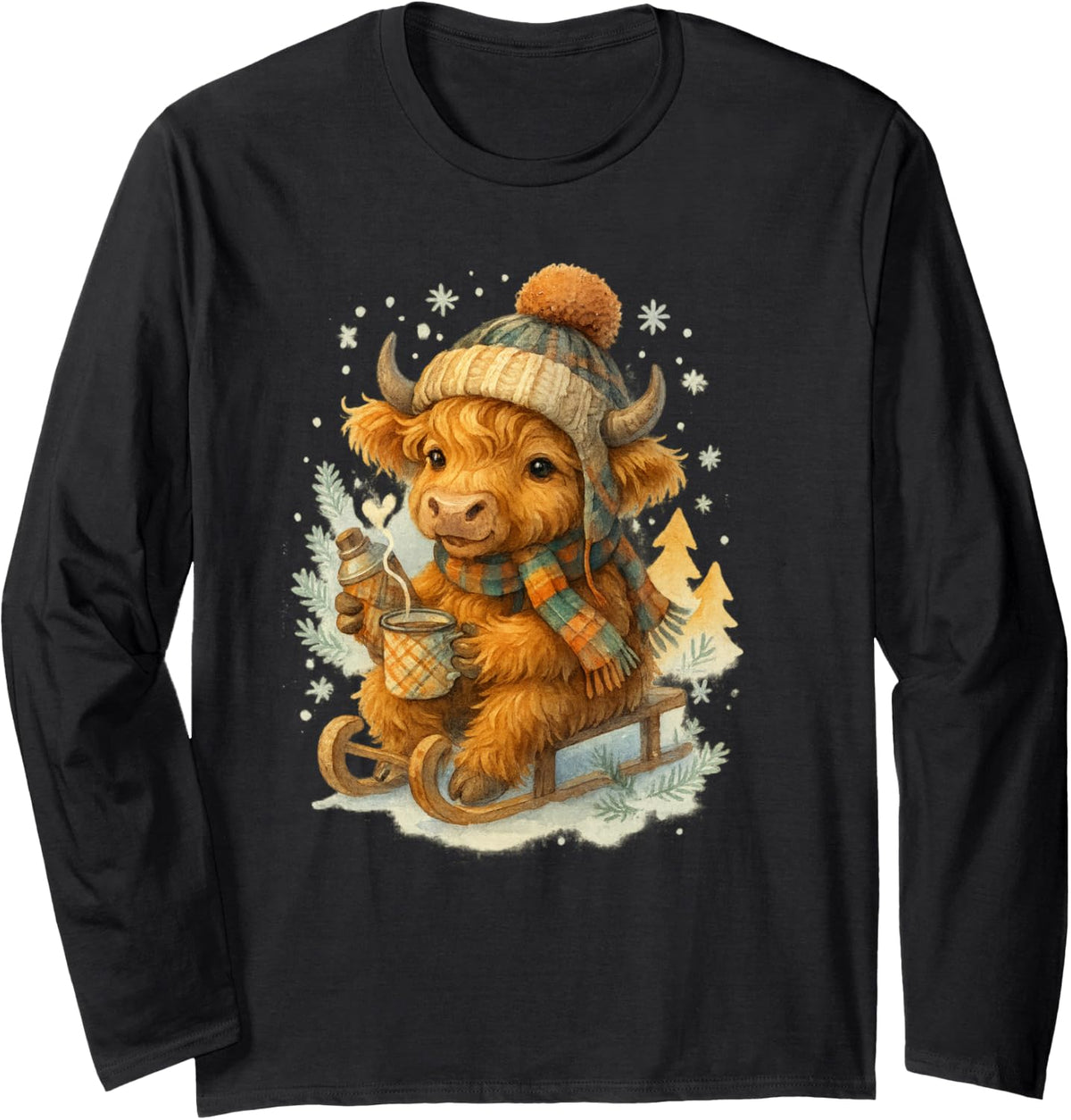 Highland Cow Winter Watercolor On Sled with Hot Cocoa Long Sleeve T-Shirt - Adult Unisex Black