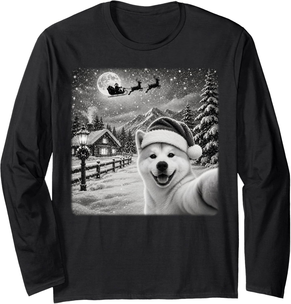 Xmas Moon Night Starry Santa Sleigh Akita Inu Dog Christmas Long Sleeve T-Shirt - Adult Unisex Black