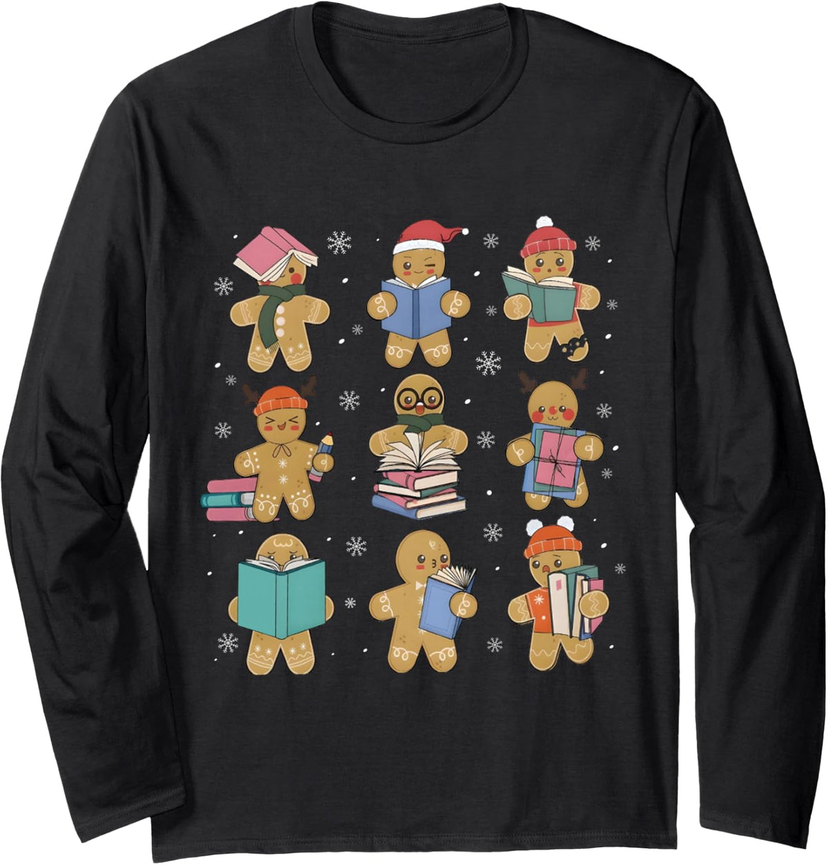 Christmas Library Gingerbread Man Books Lover Bookworm Gifts Long Sleeve T-Shirt - Adult Unisex Black