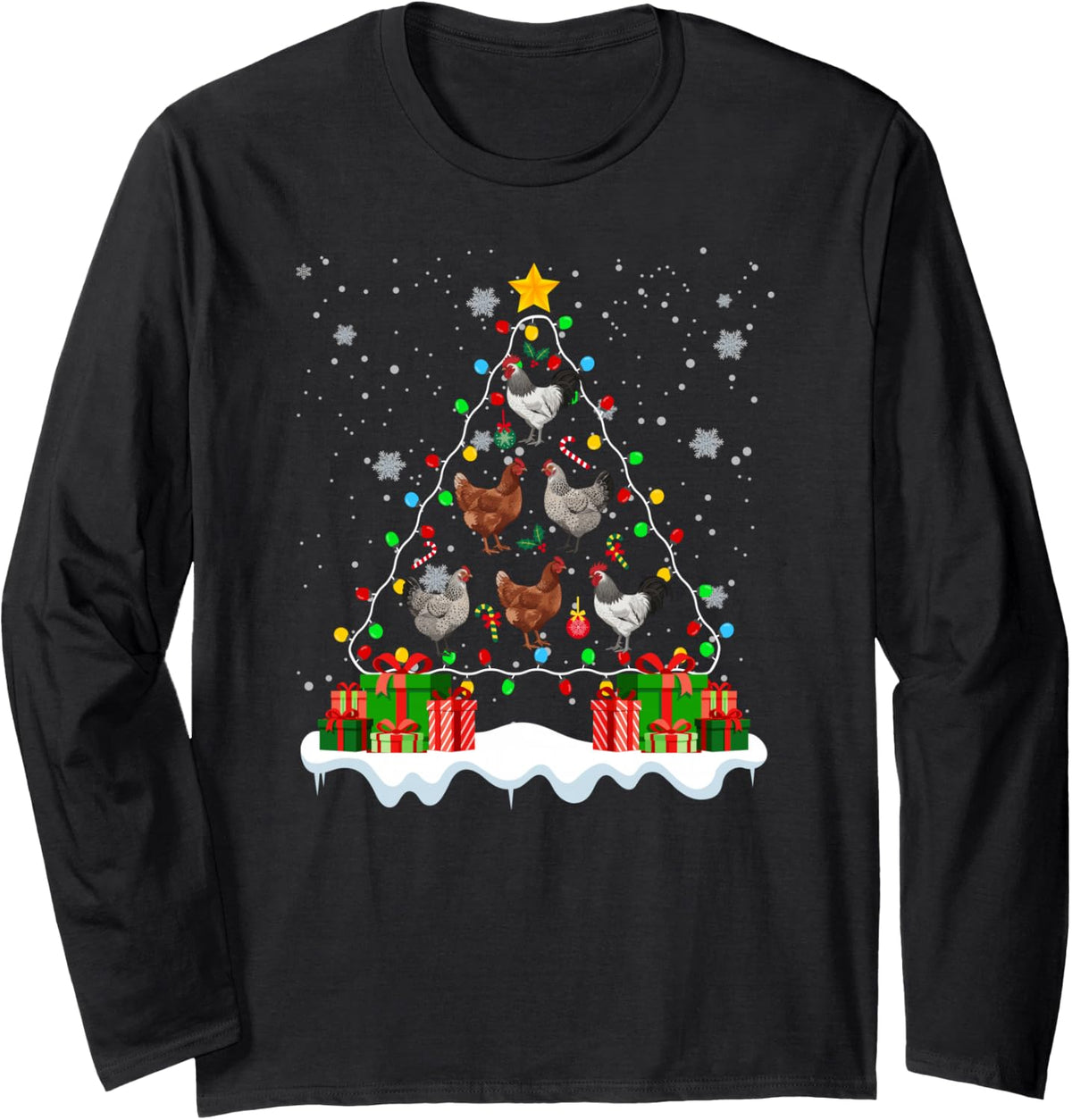 Chicken Christmas Tree Chicken Xmas Party Long Sleeve T-Shirt - Adult Unisex Black