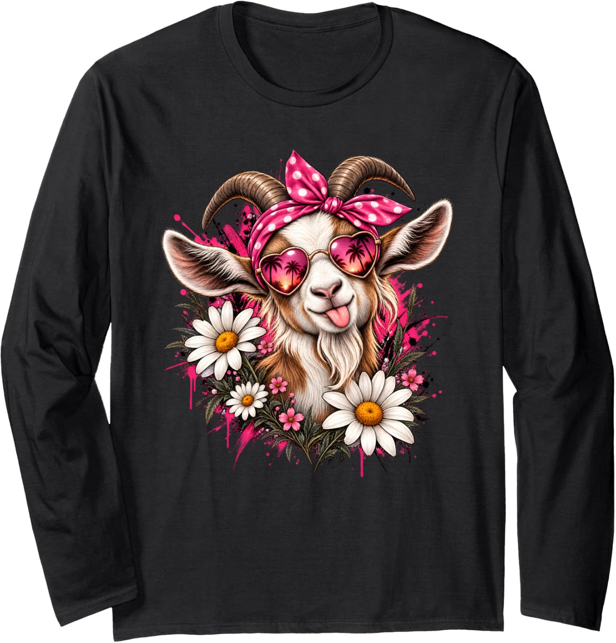 Goat Lover Sunglasses Flower Farm Animal Farming Long Sleeve T-Shirt - Adult Unisex Black