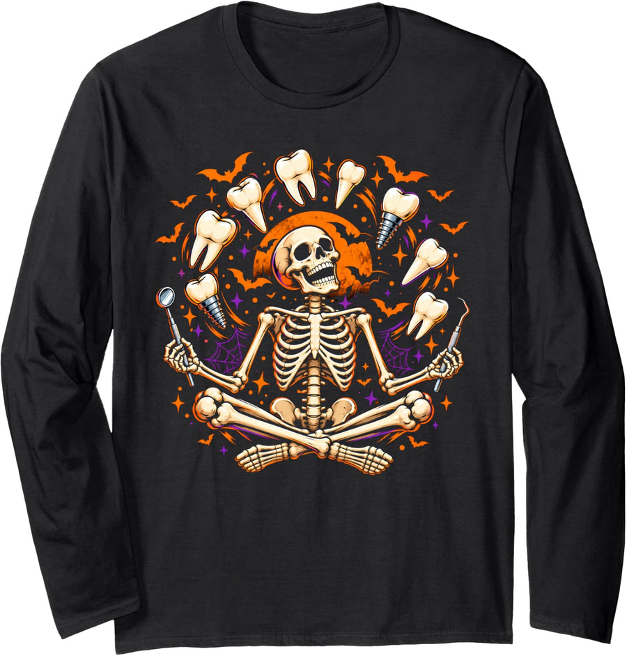 Skeleton Yoga Dentist Tooth Dental Hygienist Teeth Halloween Long Sleeve T-Shirt - Adult Unisex Black