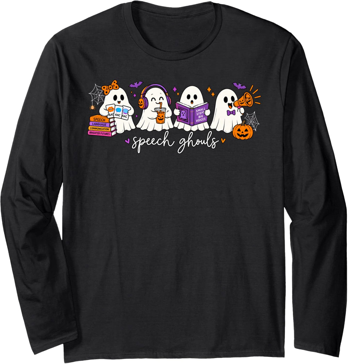 Cute Funny Ghosts Speech Ghouls Teacher SLP Halloween Long Sleeve T-Shirt - Adult Unisex Black