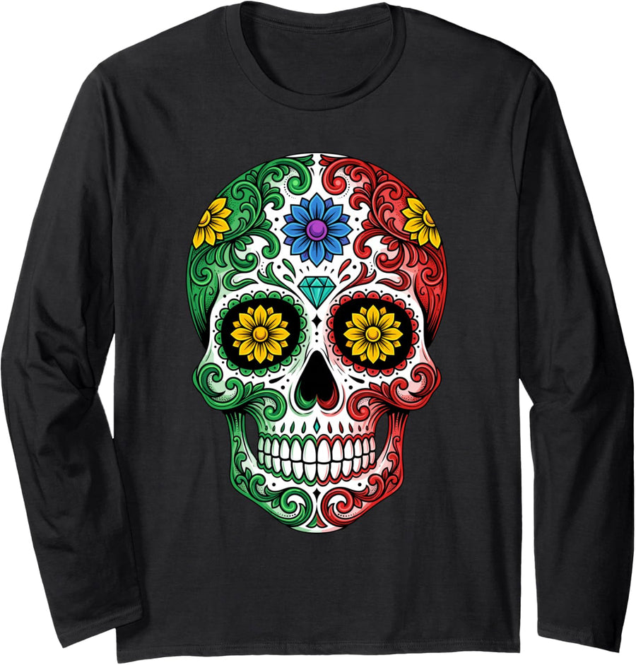 Dia De Muertos Cinco De Mayo Sugar Skull Mexican Flag Long Sleeve T-Shirt - Adult Unisex Black