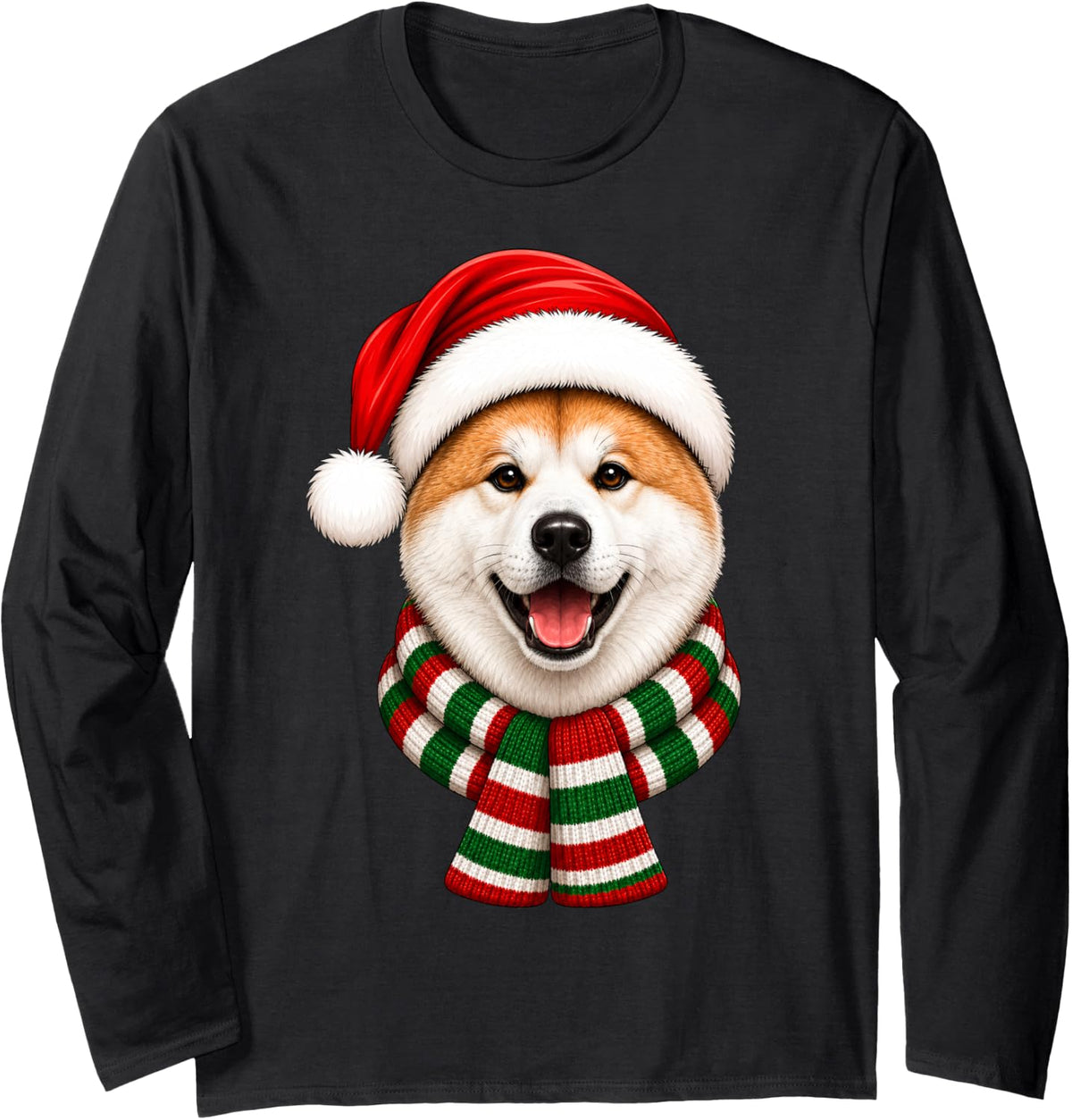 Akita Inu Dog Christmas Santa Hat Scarf Festive Xmas Long Sleeve T-Shirt - Adult Unisex Black