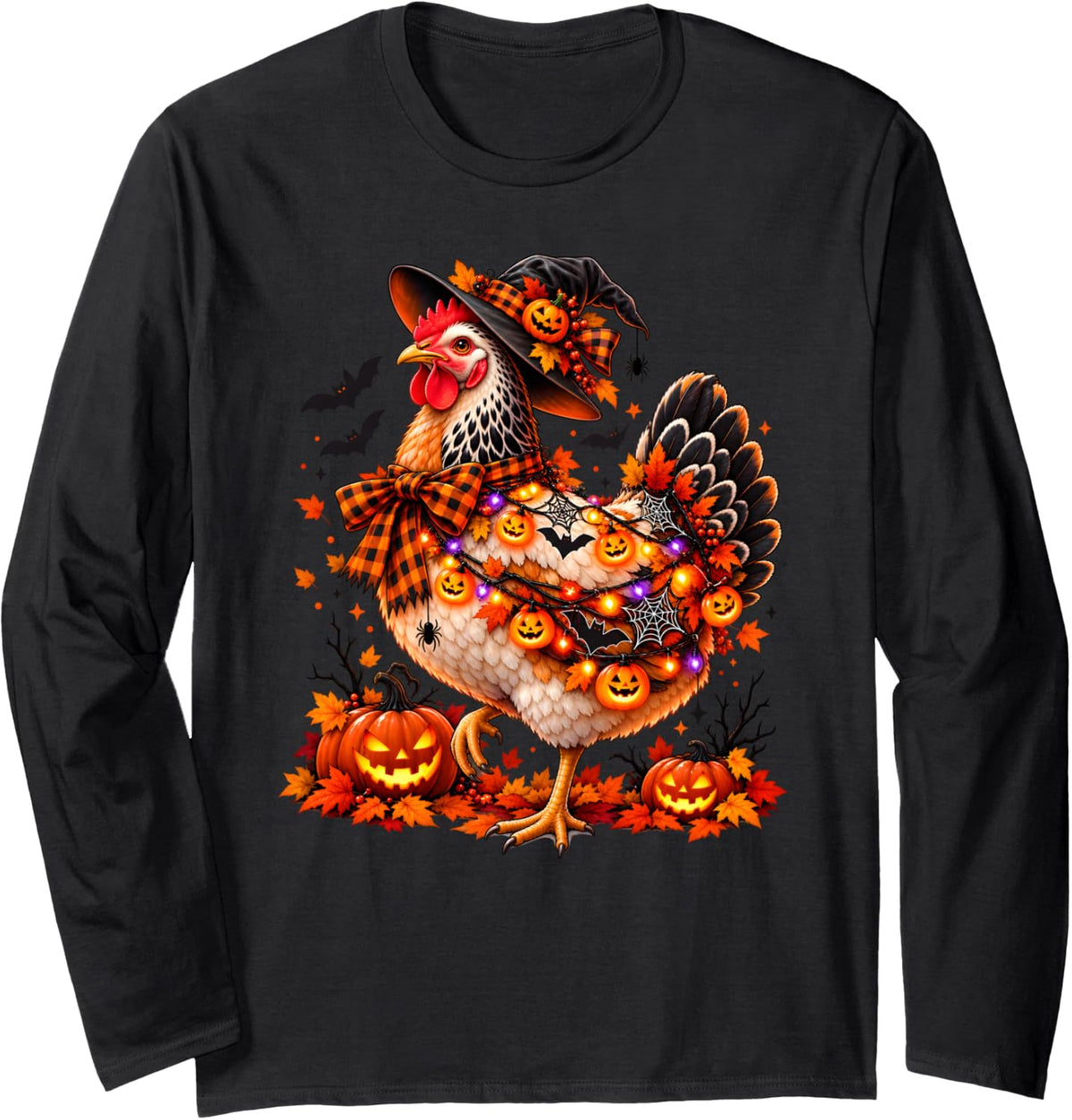 Chicken Witch Hat Funny Halloween Chicken Costume Long Sleeve T-Shirt - Adult Unisex Black