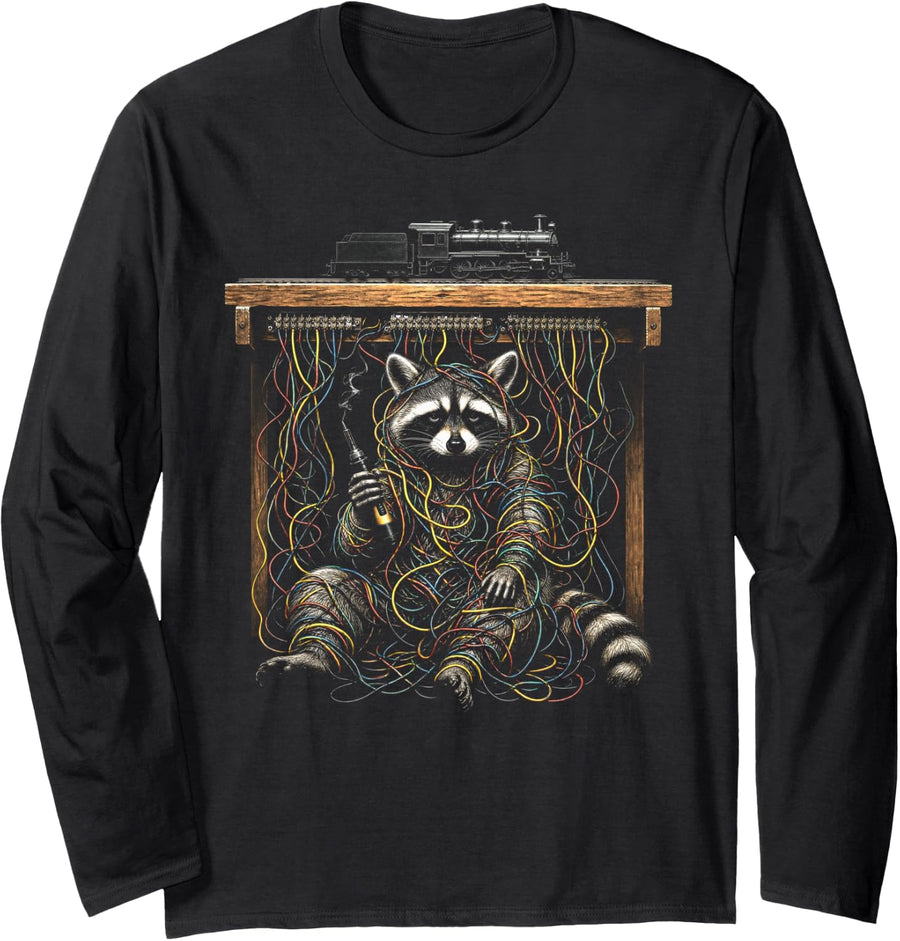 Raccoon Wiring Model Train Layout Railroad Funny Long Sleeve T-Shirt - Adult Unisex Black