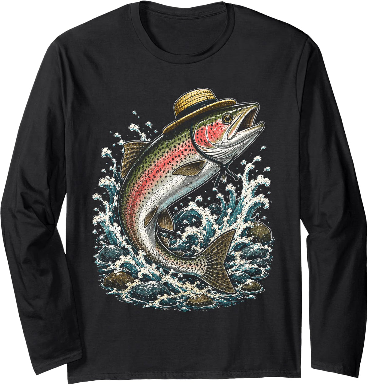 Trout Wearing Hat Fishing Angler Dad Father Long Sleeve T-Shirt - Adult Unisex Black