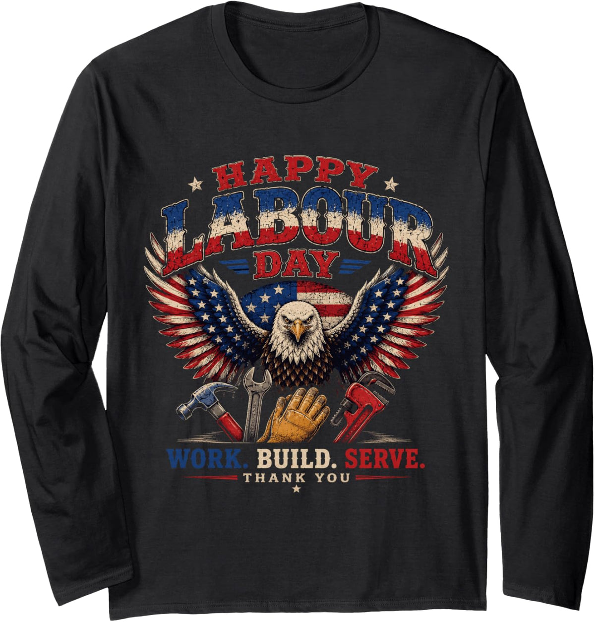 Happy Labor Day 2026 Patriotic USA Eagle Blue Collar Worker Long Sleeve T-Shirt - Adult Unisex Black