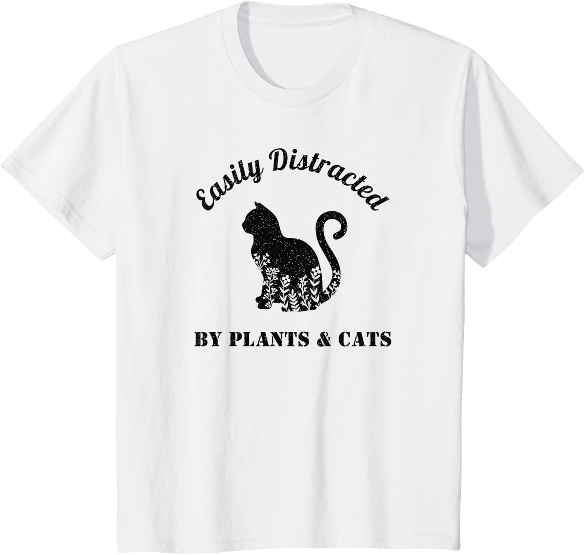 Easily Distracted By Plants & Cats Botanical Floral Cute Cat T-Shirt - White