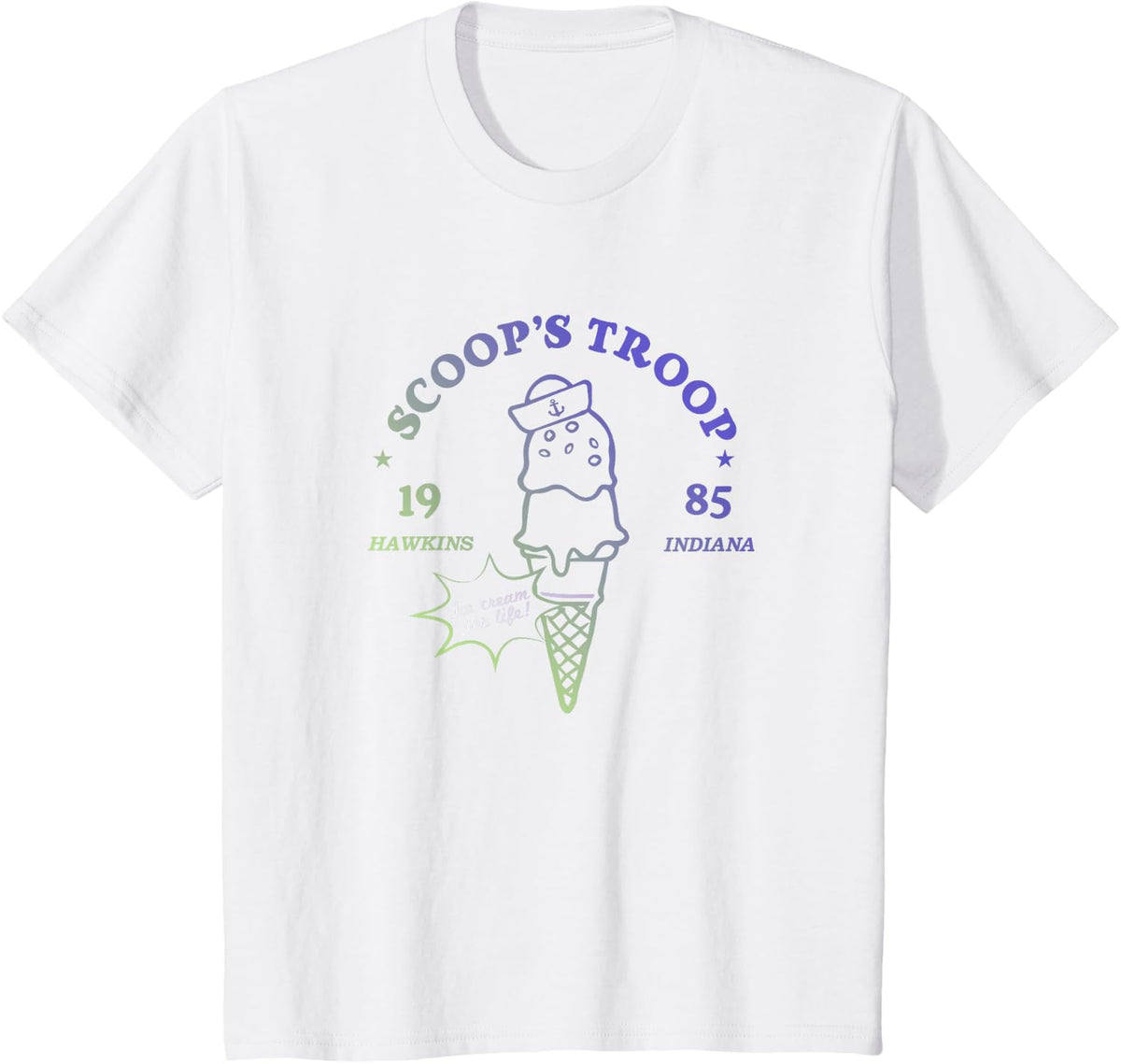 Stranger Things Vintage Gradient Scoop's Troop 1985 Badge T-Shirt - White