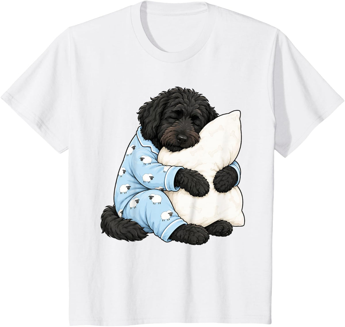 Black Labradoodle Sleeping in Cute Pajamas Sleep Doodle Dog T-Shirt - White