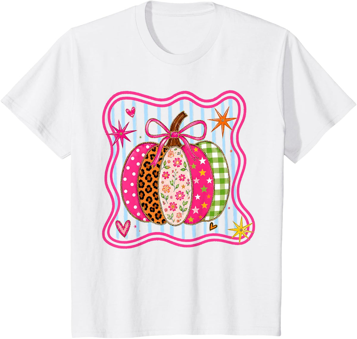 Preppy Fall Pumpkin Floral Leopard Girly Grandmillennial T-Shirt - White