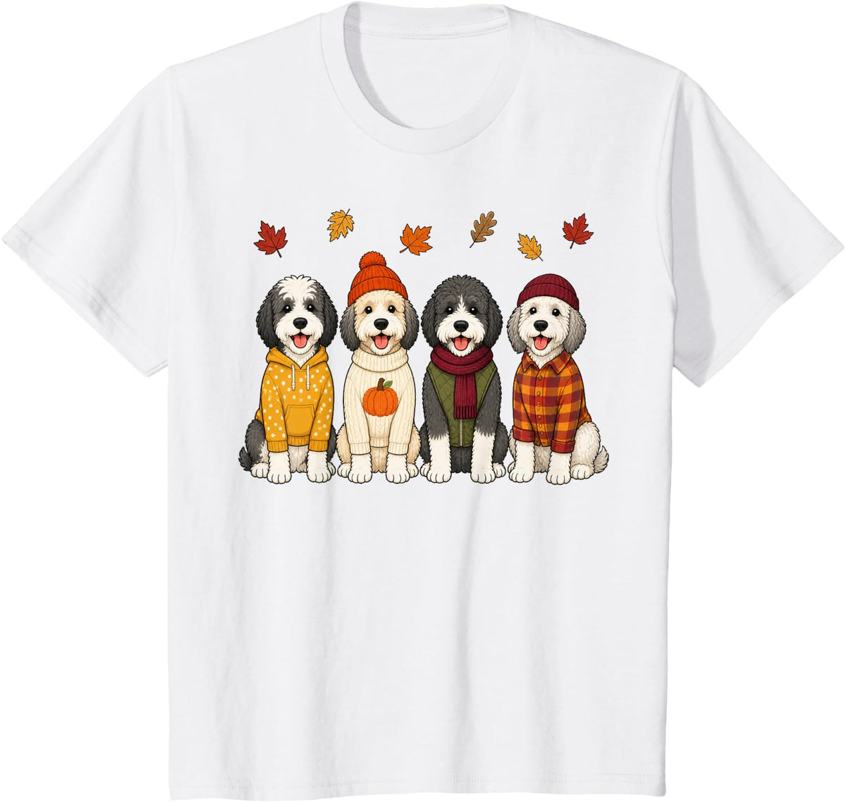 Sheepadoodle Fall Autumn Season Doodle Dog Pumpkin T-Shirt - White