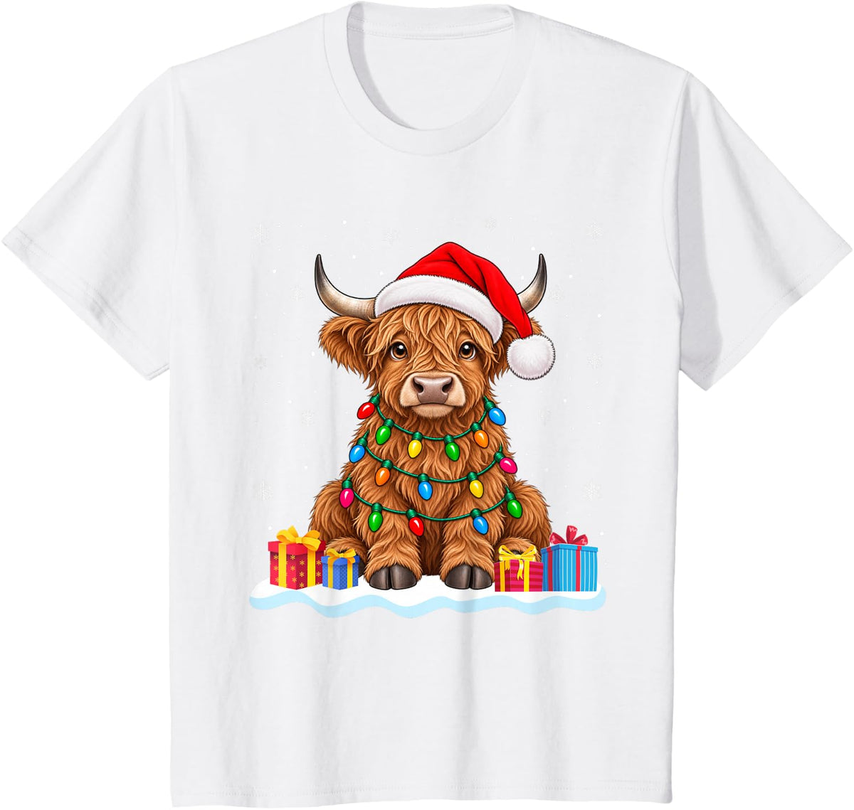 Funny Highland Cow Christmas Sweater Santa Hat Highland Cow T-Shirt - White