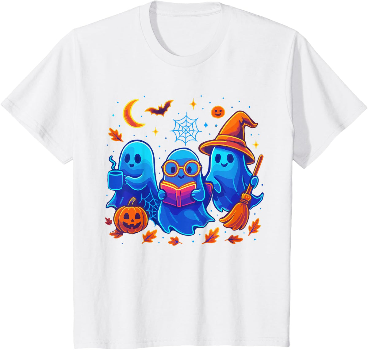 Little Ghost Coffee Tee, Spooky Season Ghost Reading Book T-Shirt - White