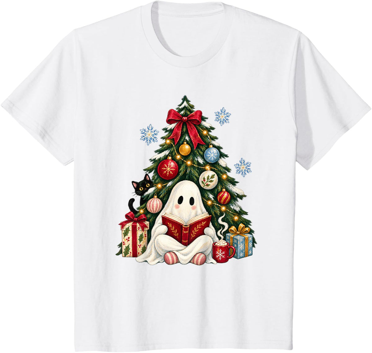 Cute Ghost Reading Book Christmas Tree Cat Spooky Season T-Shirt - White
