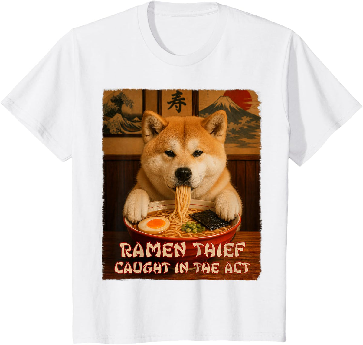 Funny Dog Tee - Akita - Ramen Dog Thief T-Shirt - White