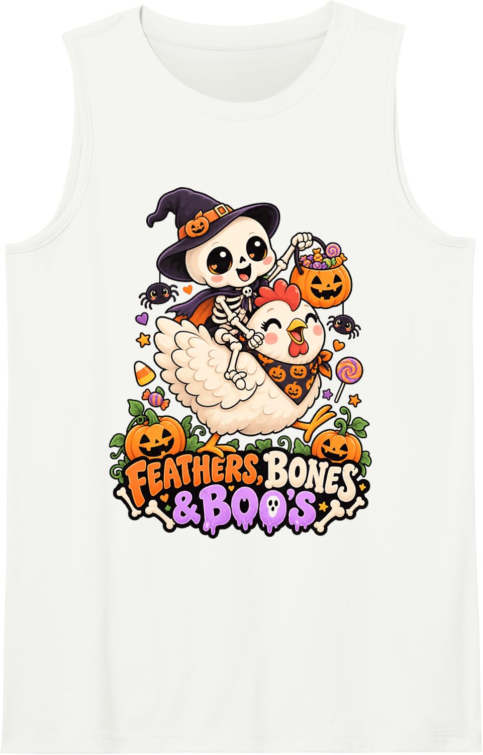 Feathers, Bones & Boo's Halloween Skeleton Riding Chicken Sleeveless Tank Top - White
