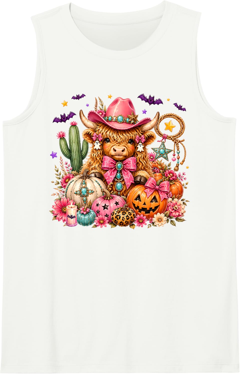 Highland Cow Lover Pumpkin Cowgirl Western Halloween Outfit Sleeveless Tank Top - White
