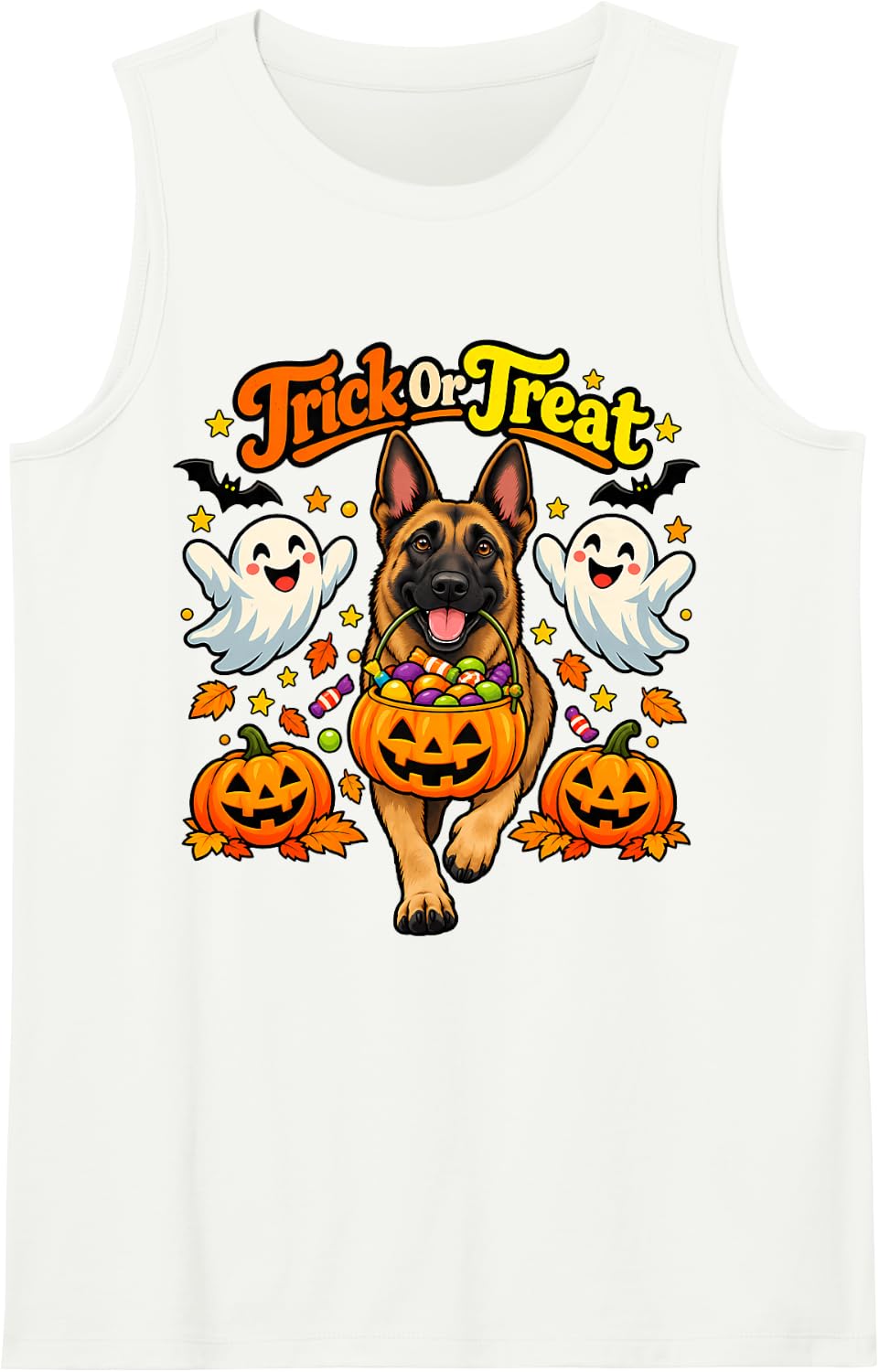 Trick or Treat Belgian Malinois Dog Lover Fall Halloween Sleeveless Tank Top - White