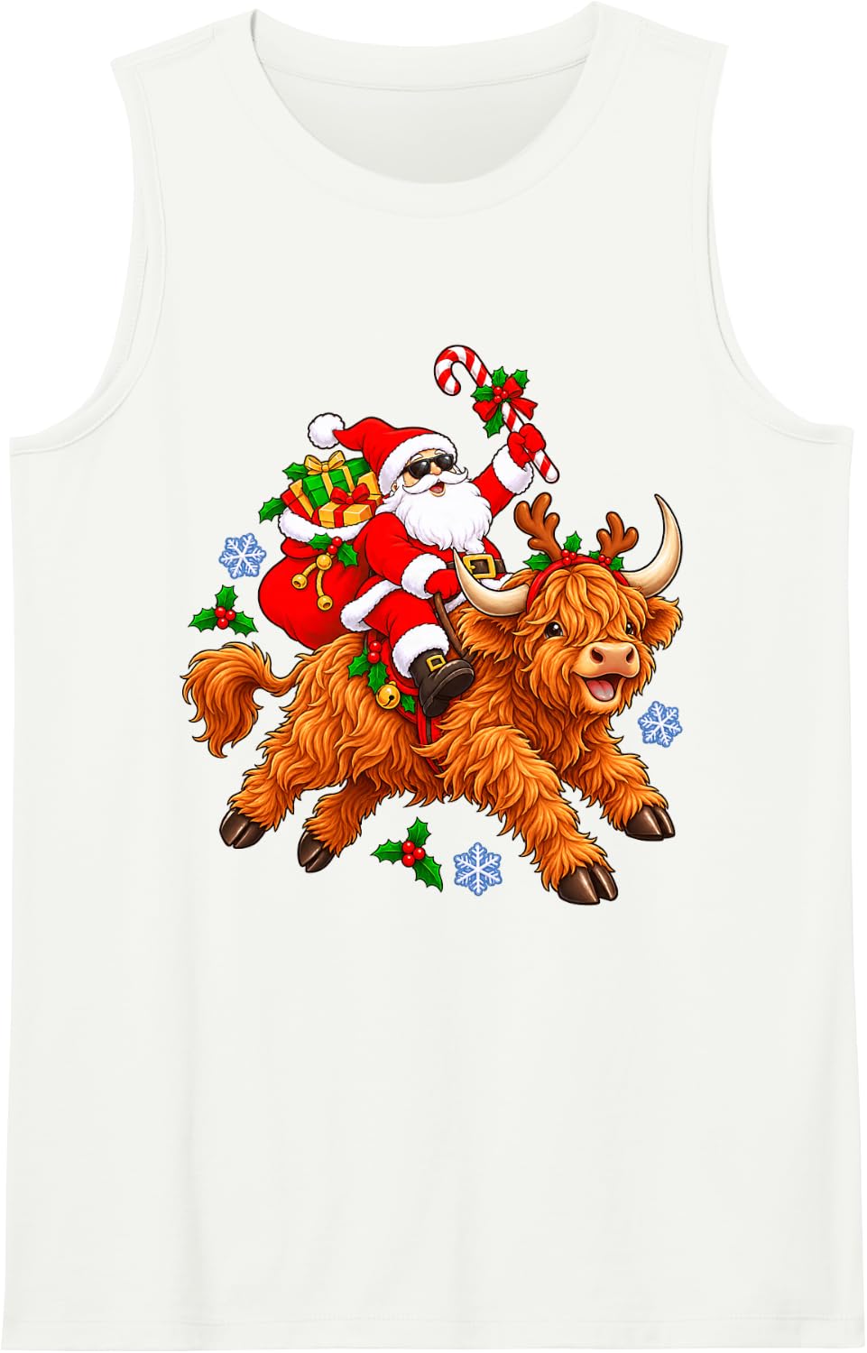 Christmas Santa Happy Highland Cow Holiday Character Graphic Sleeveless Tank Top - White