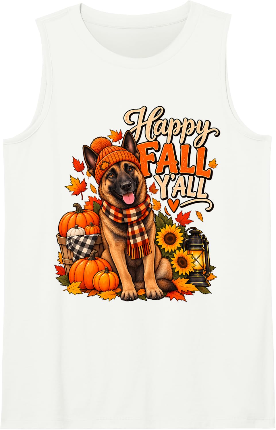 Happy Fall Y'all Belgian Malinois Dog Scarf Autumn Leaves Sleeveless Tank Top - White