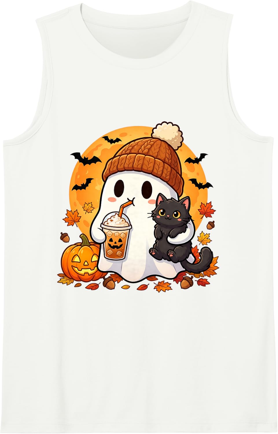 Halloween Ghost Black Cat Iced Coffee Pumpkin Fall Autumn Sleeveless Tank Top - White