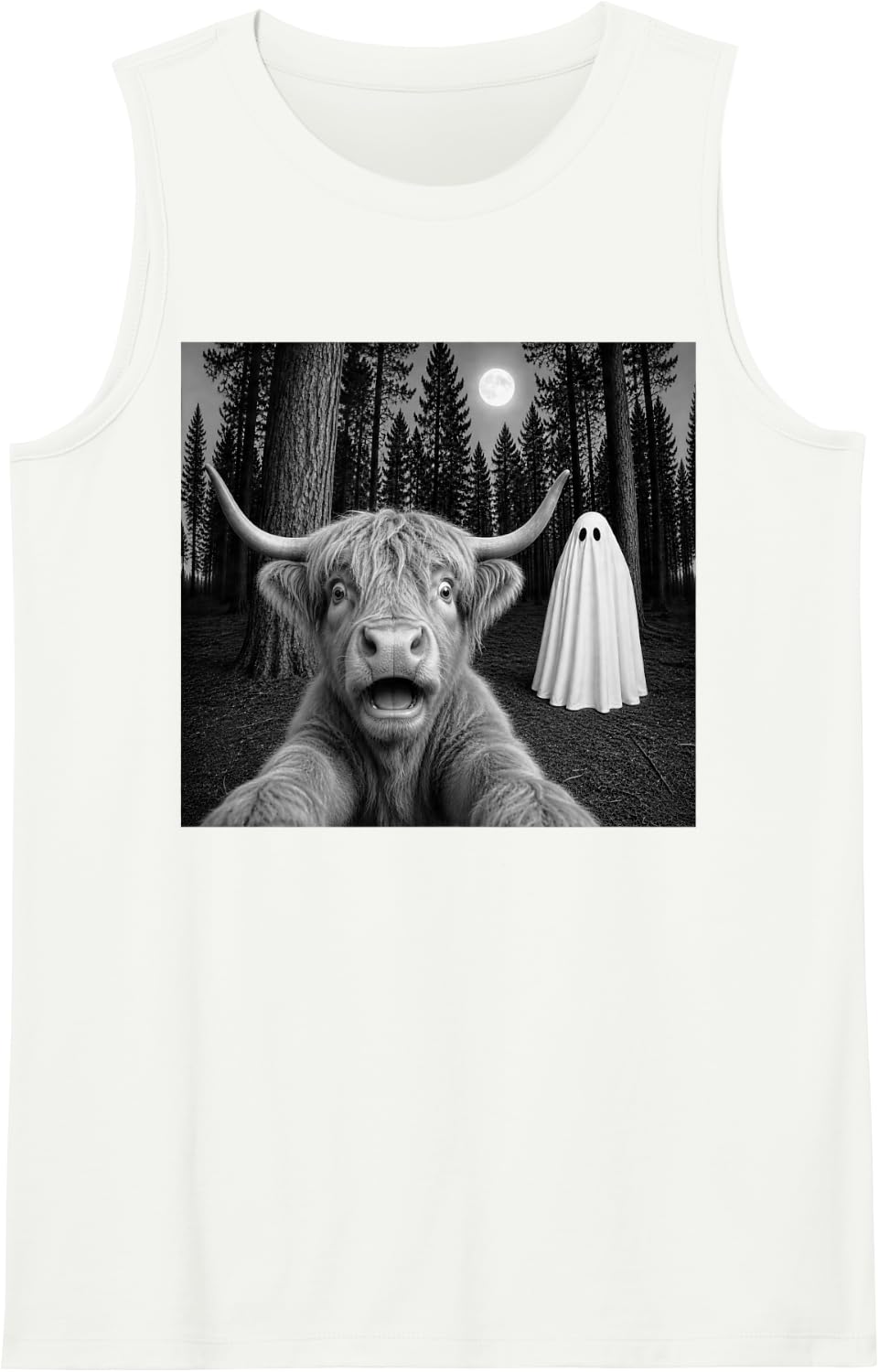 Spooky Scottish Highland Cow Selfie with Ghost Halloween Sleeveless Tank Top - White