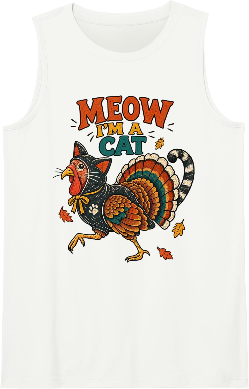 Cat Turkey Meow Thanksgiving Humor Autumn Holiday Seasonal Sleeveless Tank Top - White