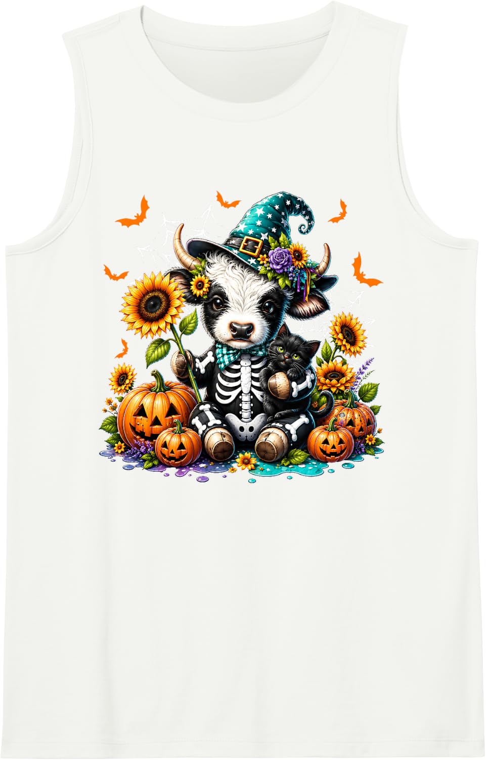 Funny Skeleton Highland Cow Witch Costume Pumpkin Halloween Sleeveless Tank Top - White
