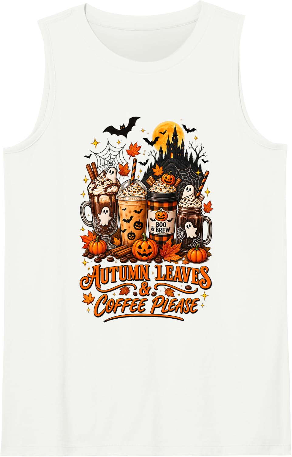 Autumn Leaves and Coffee Please Halloween Ghost Bat Spooky Tank Top - White