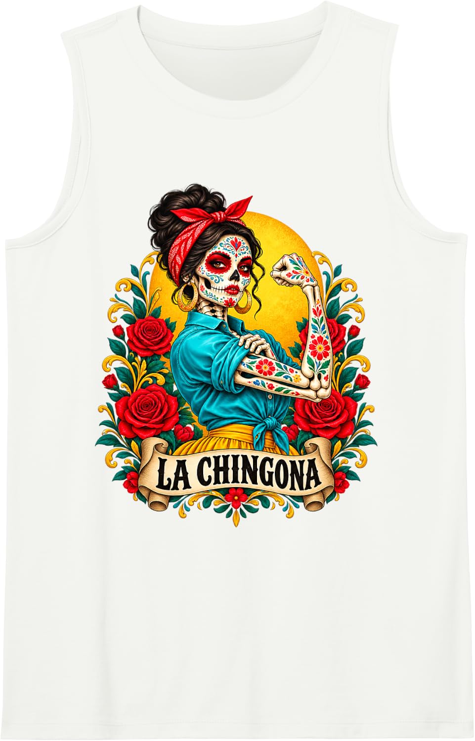 Women's La Chingona Sugar Skull Latina Power Spanish Slang Sleeveless Tank Top - White