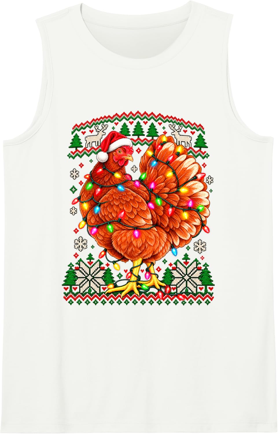 Christmas Chicken Happy Santa Hat Reindeer Knit Pattern Sleeveless Tank Top - White